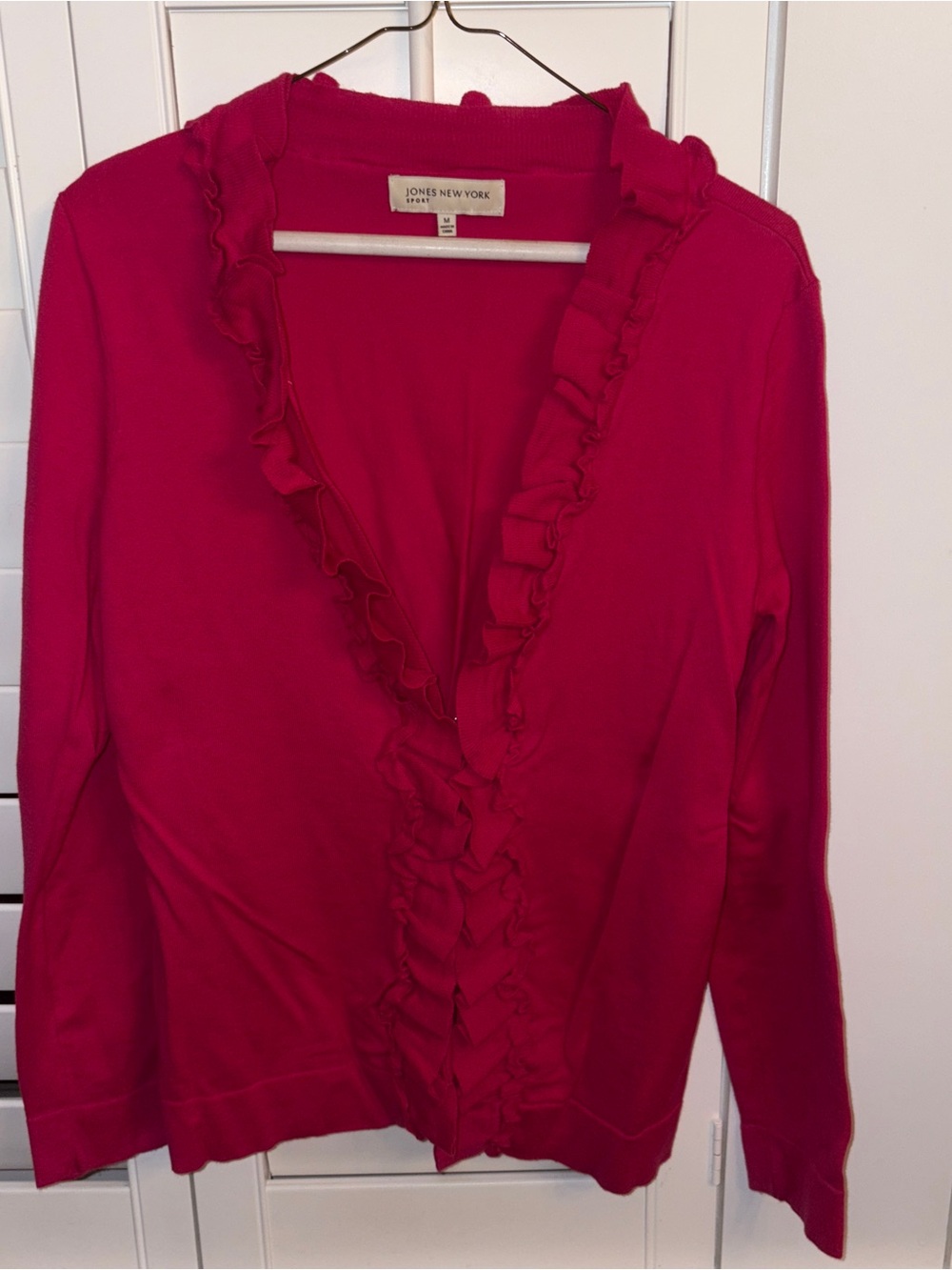 Jones New York Bright Pink Ruffle-Front Long Sleeve Cardigan